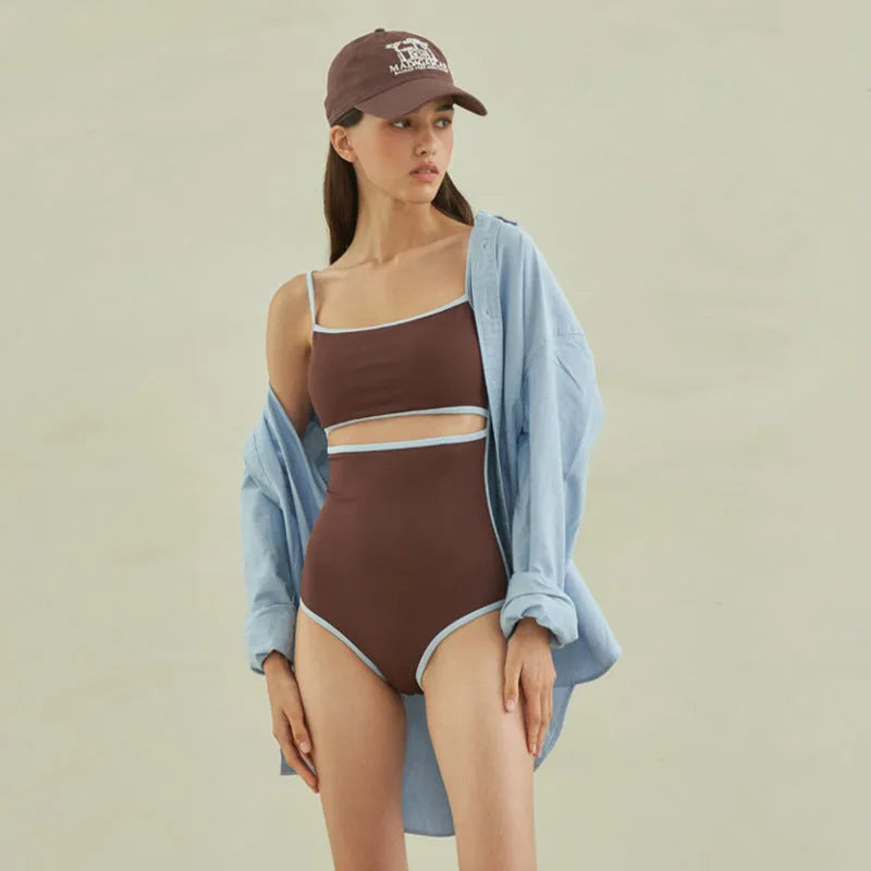 Brown triangle one-piece swimsuit for women with sexy pattern design
