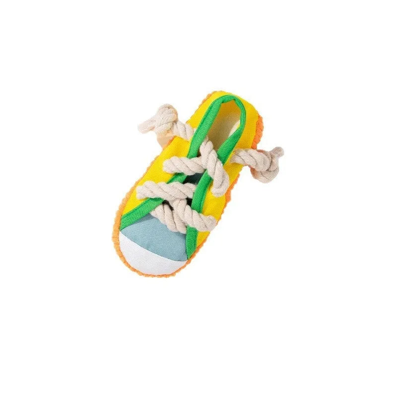 Plastic dog chew toy with bends design in rock yellow colour showing self-hi sound feature