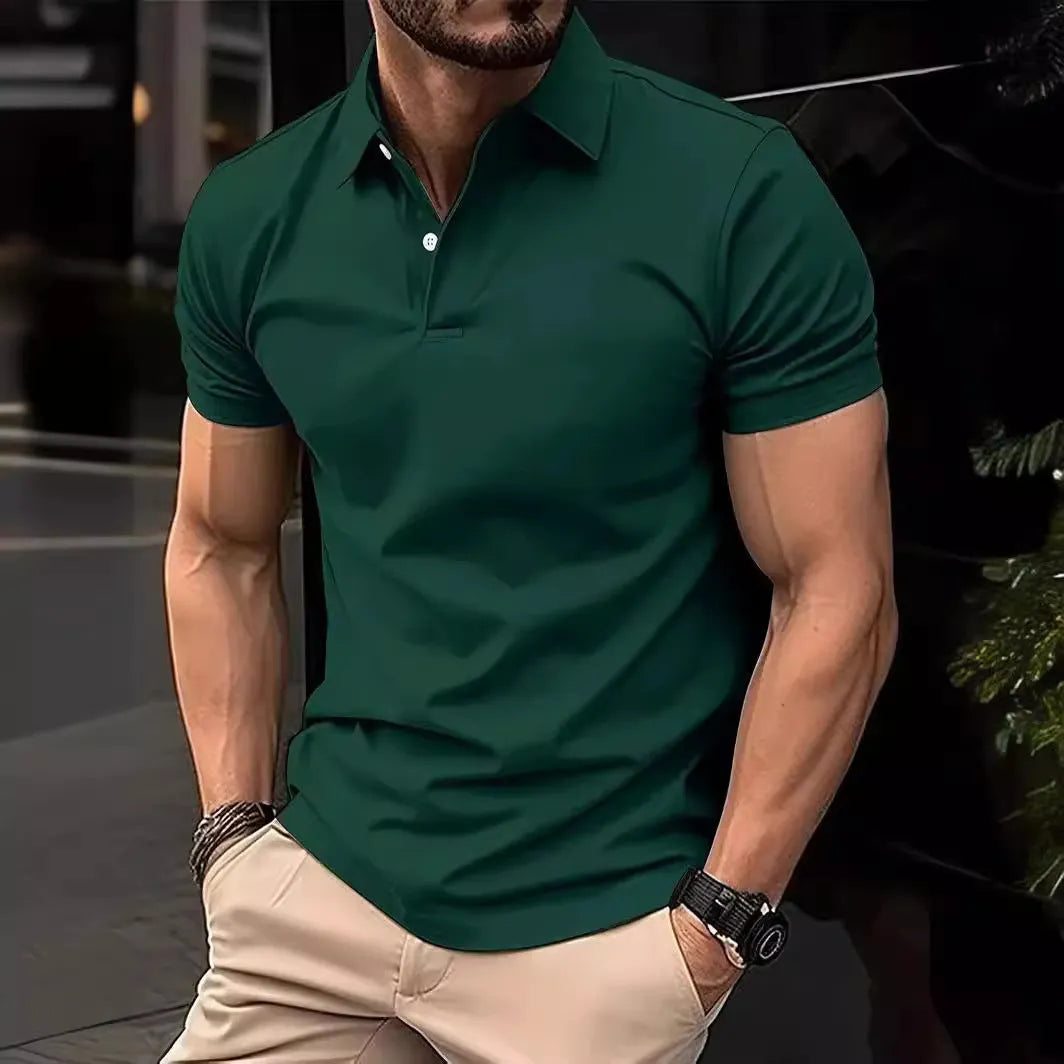 Men's slim fit solid colour cotton blend short sleeve button-down shirt on a hanger.