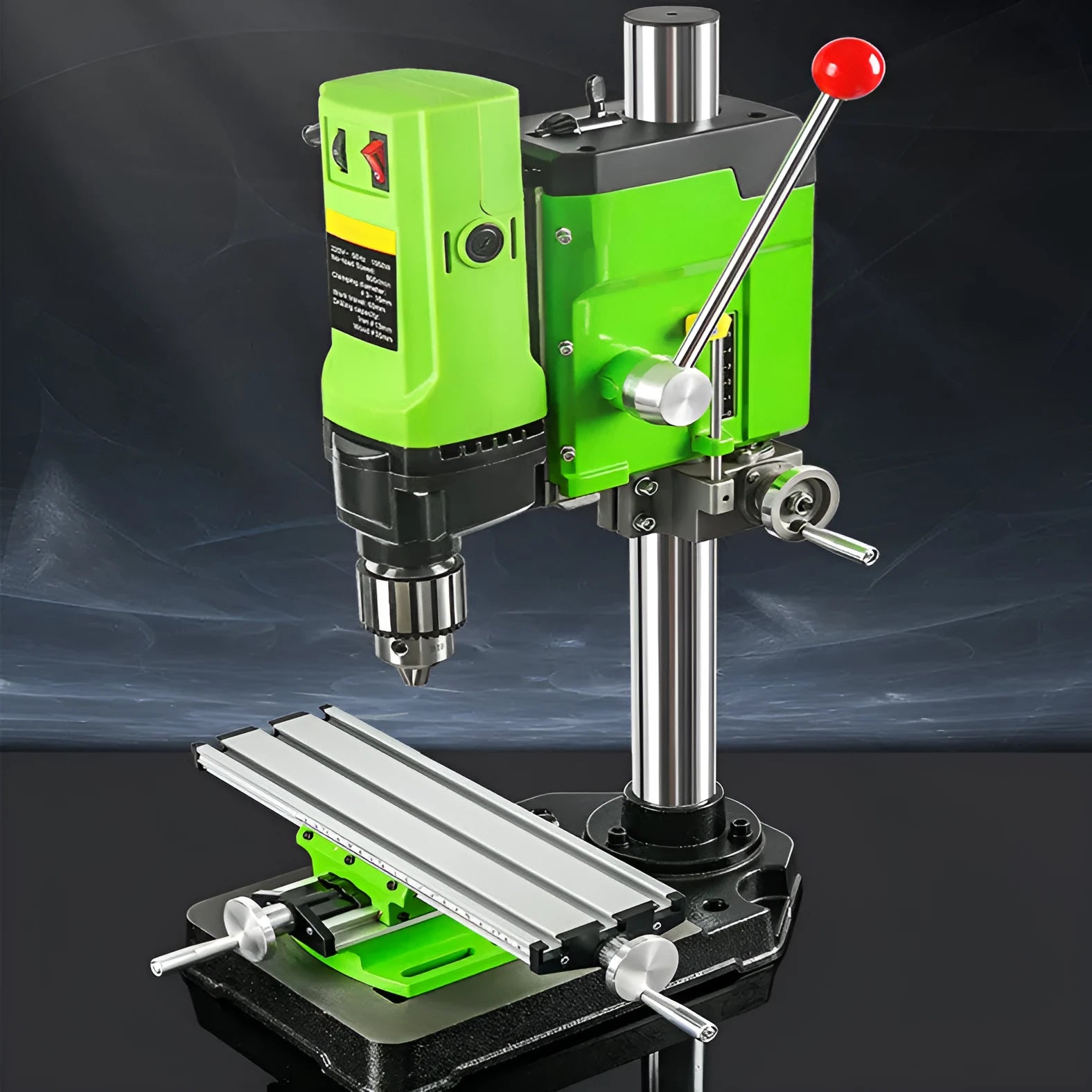Mini bench drill milling machine with AC power supply and included bench pliers on workbench