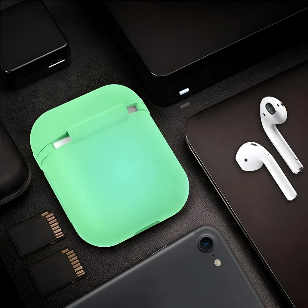Luminous blue silicone flip-open protective case for Apple AirPods wireless earphones.