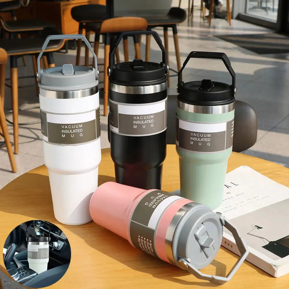 30oz insulated stainless steel travel tumbler with powder-coated finish and splash-proof sliding lid