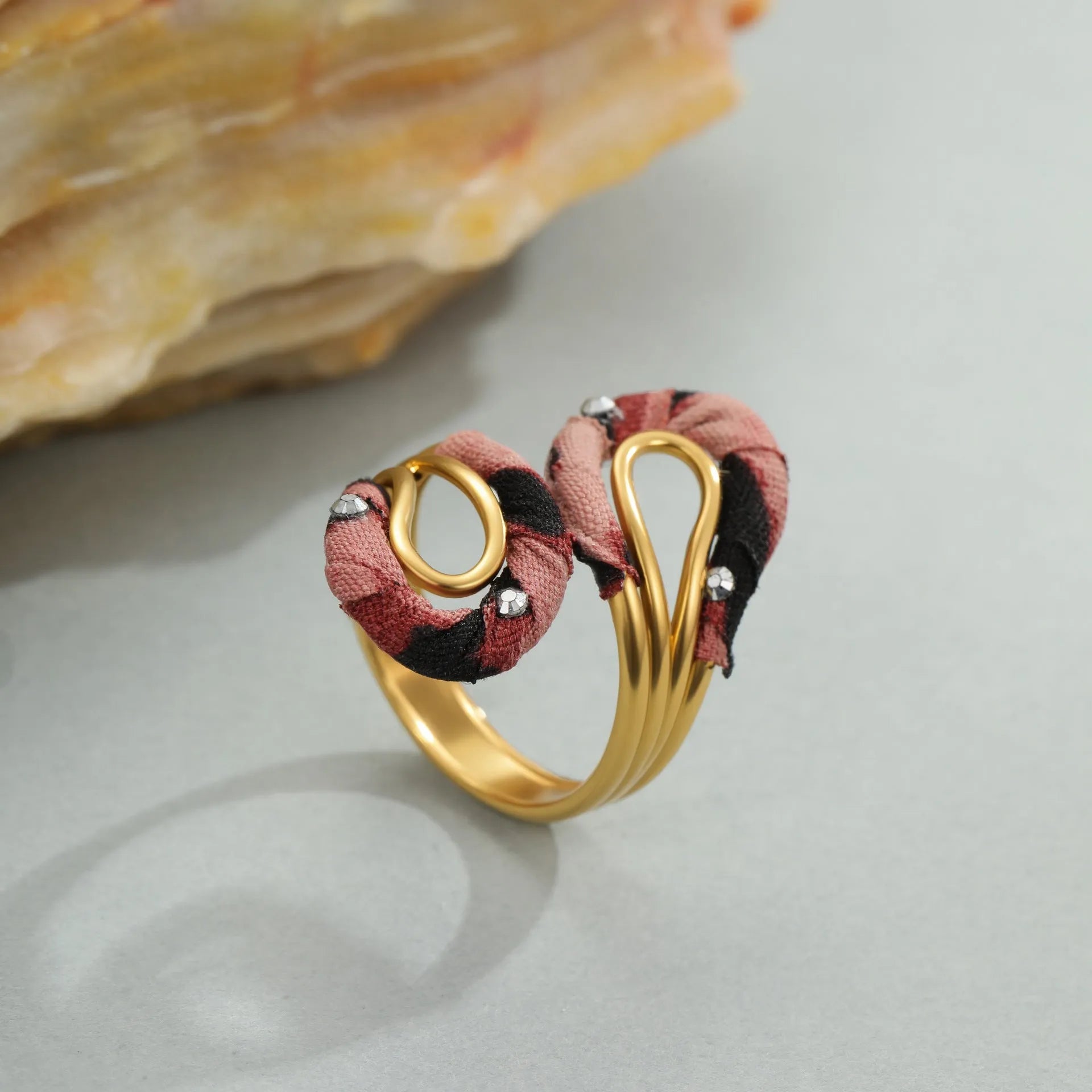 Leopard series stainless steel open mouth ring with geometric heart or star shape design in electroplated colours