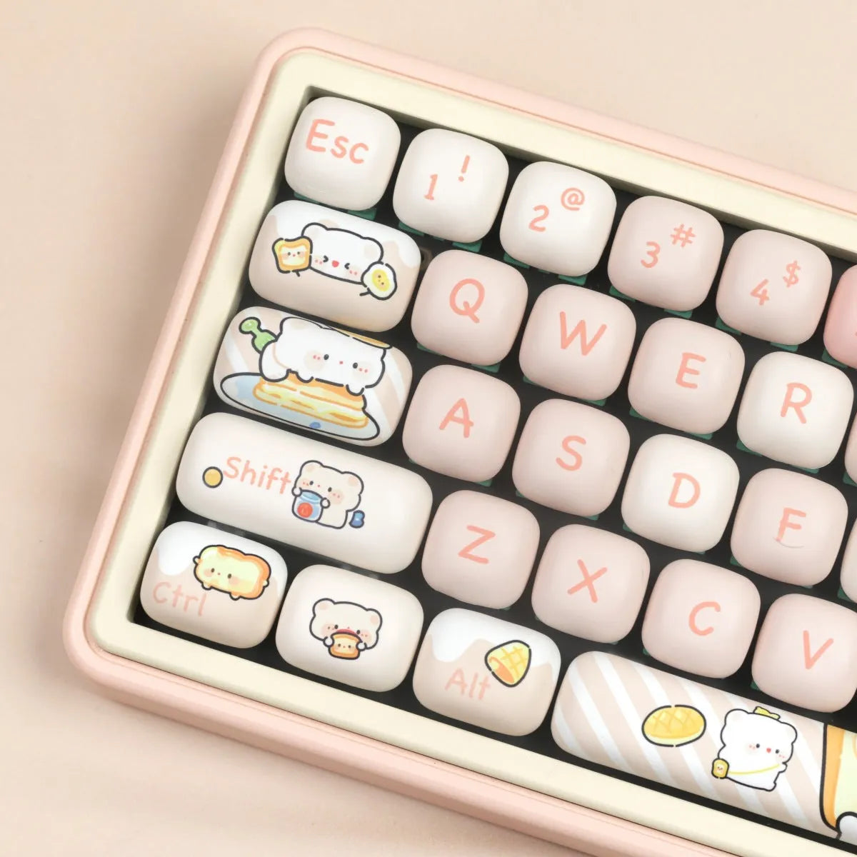 MOG Steamed Bread PBT key cap set with Bread Bear character design showing 143+3 keys for mechanical keyboards