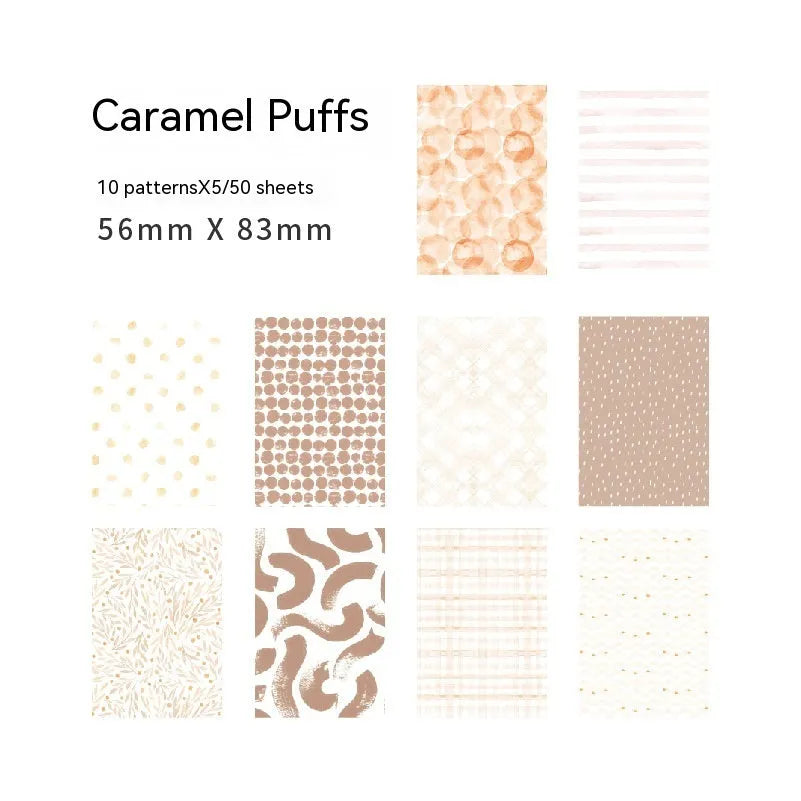 Pack of 50 retro sweet dessert themed note papers in ten pastel colours, each 56mm by 83mm.