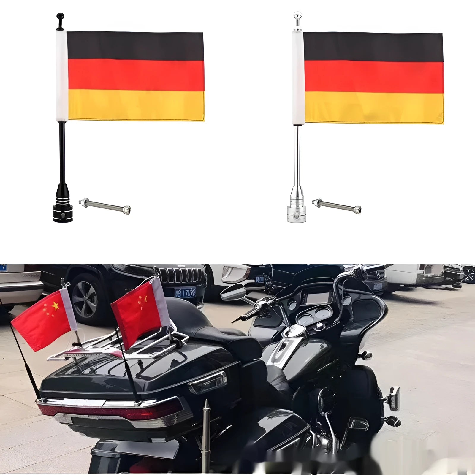 Motorcycle luggage rack flagpole for side box bumper mounting in black and silver finish options