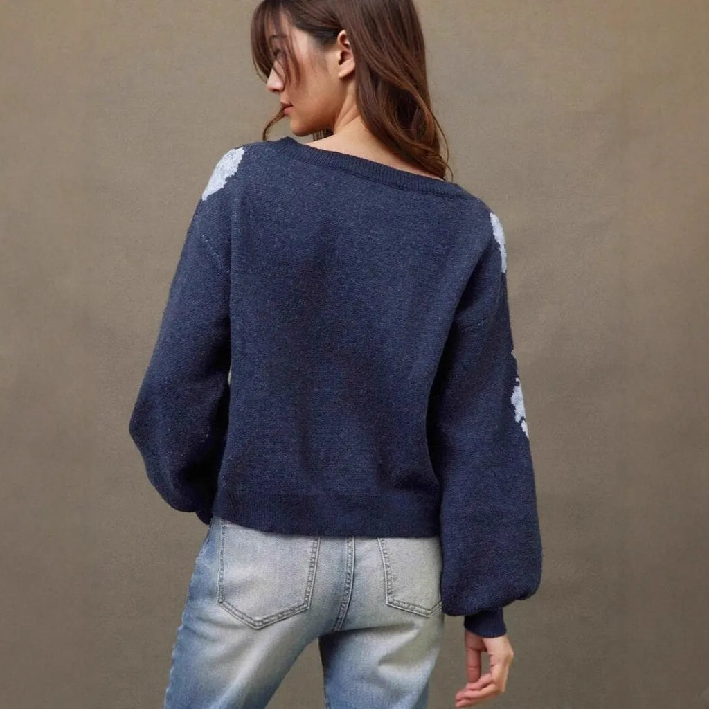 Sapphire blue women's off-neck pullover with floral jacquard pattern and loose casual fit