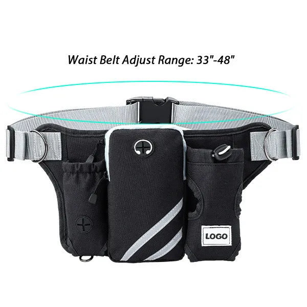 Black nylon dog walking waist bag and leash set for outdoor pet training
