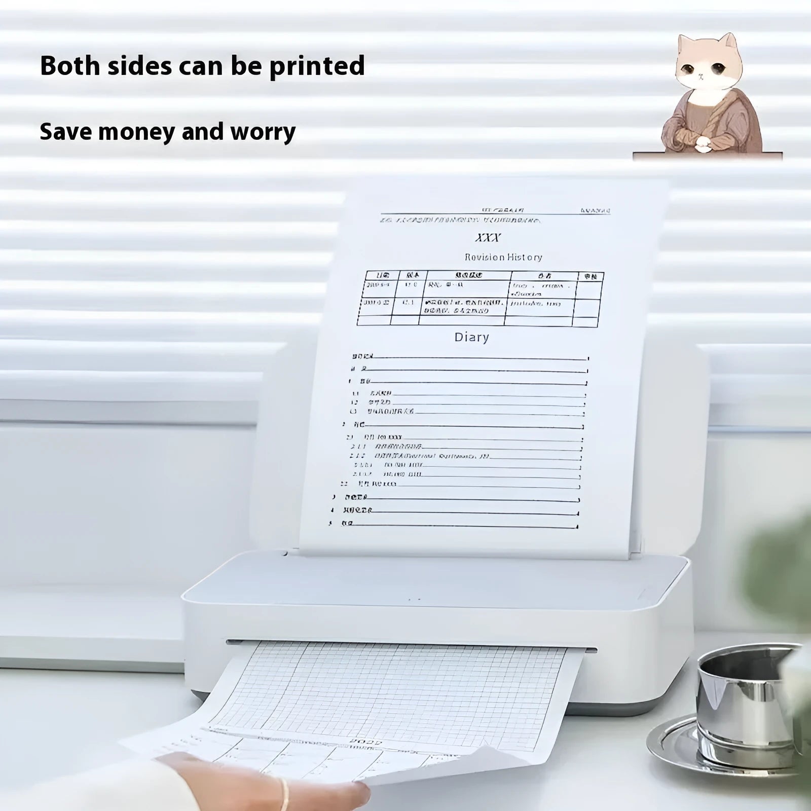 Small intelligent thermal printer with plastic housing, ribbon cartridge, and paper pack for remote learning and home printing.