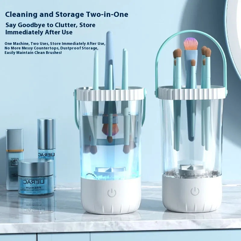White rechargeable electric makeup brush cleaner with plastic construction and charging cable