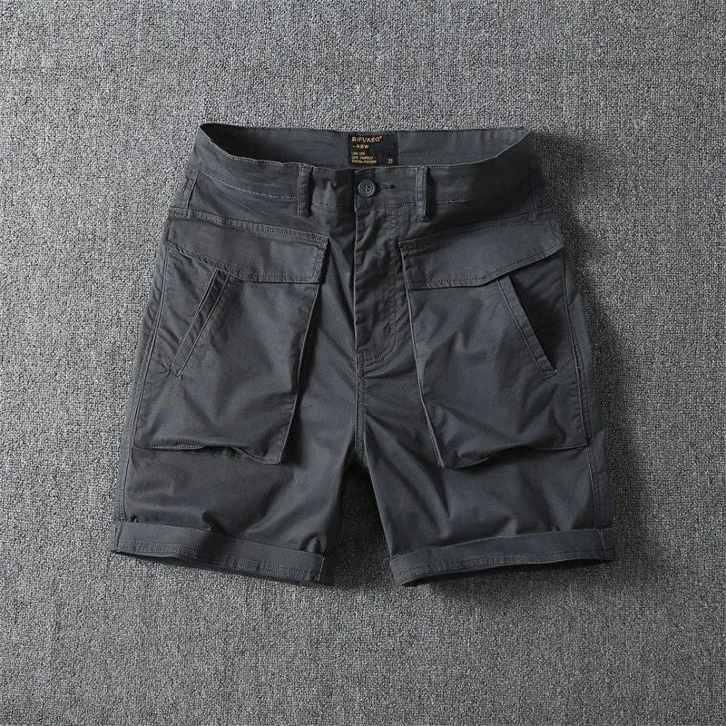 Men's straight-leg cotton cargo shorts with stretch in army green, shown with multiple pockets.
