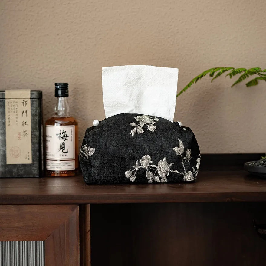 Chinese style brocade tissue box cover with embroidered white plum design, available with or without pearl buckle