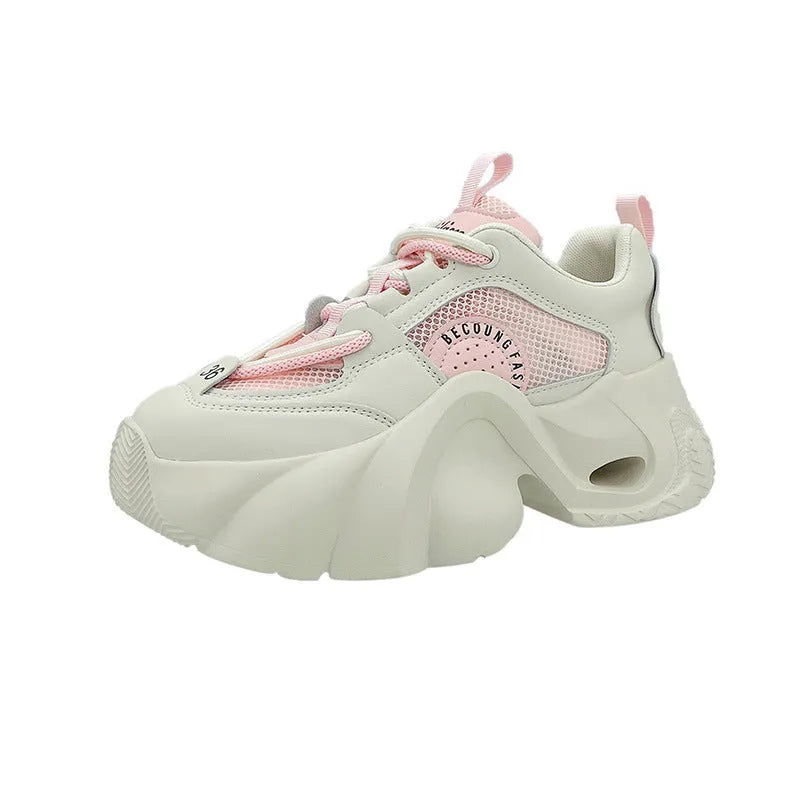 Women's casual thick bottom sneakers in beige artificial PU with mesh lining and mid heel
