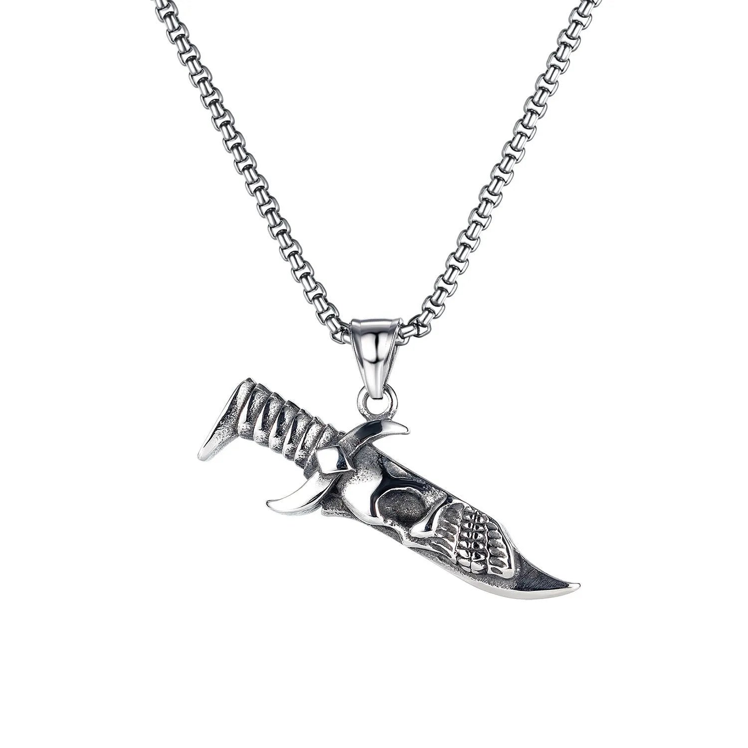 Men's silver stainless steel necklace with alloy skull pendant and matching chain