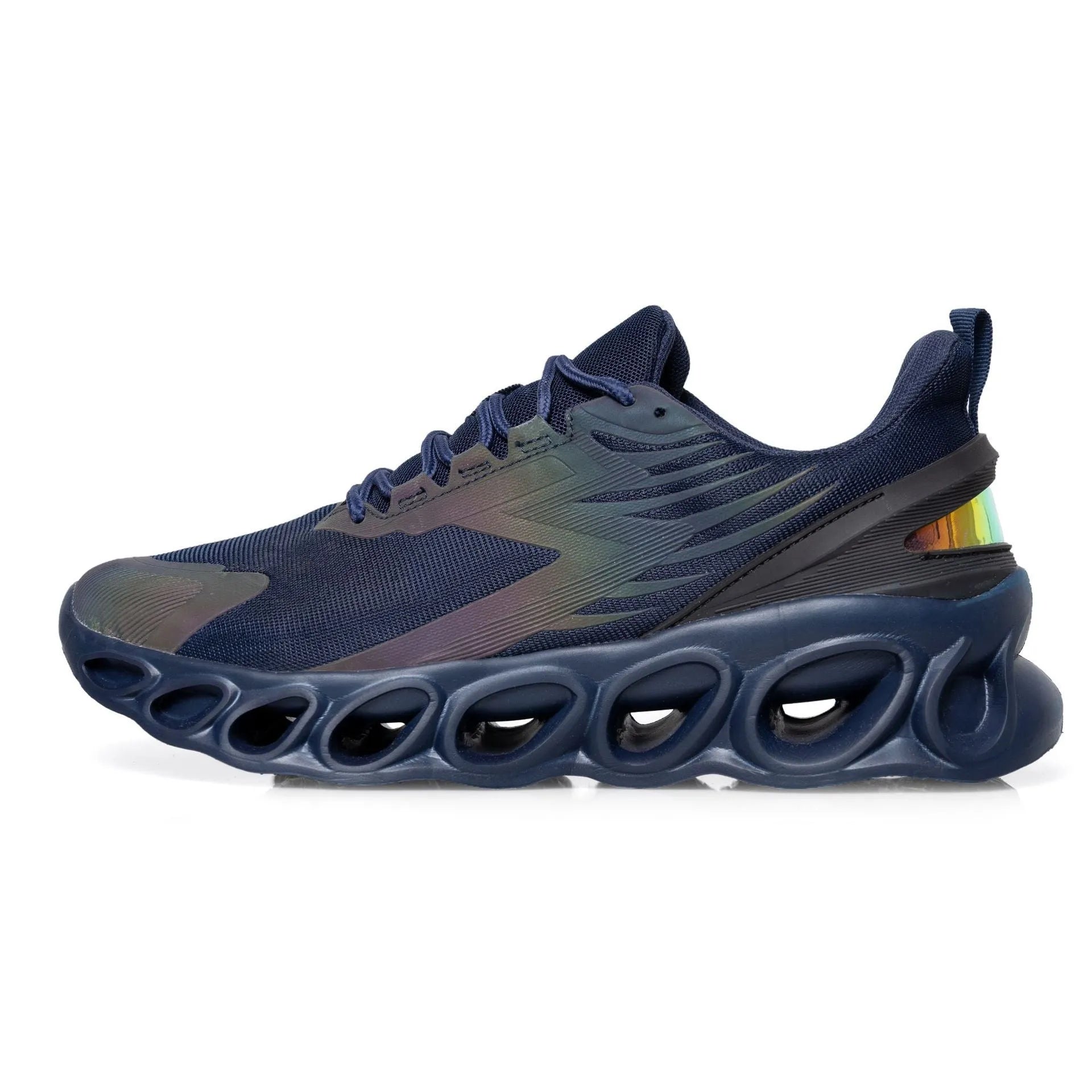 Low top casual shoes in black, white, and dark blue with mesh upper and lace-up front.