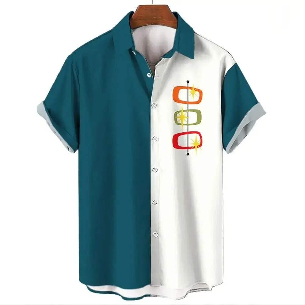 Men's striped Hawaiian short-sleeve shirt with button front and elastic band fabric