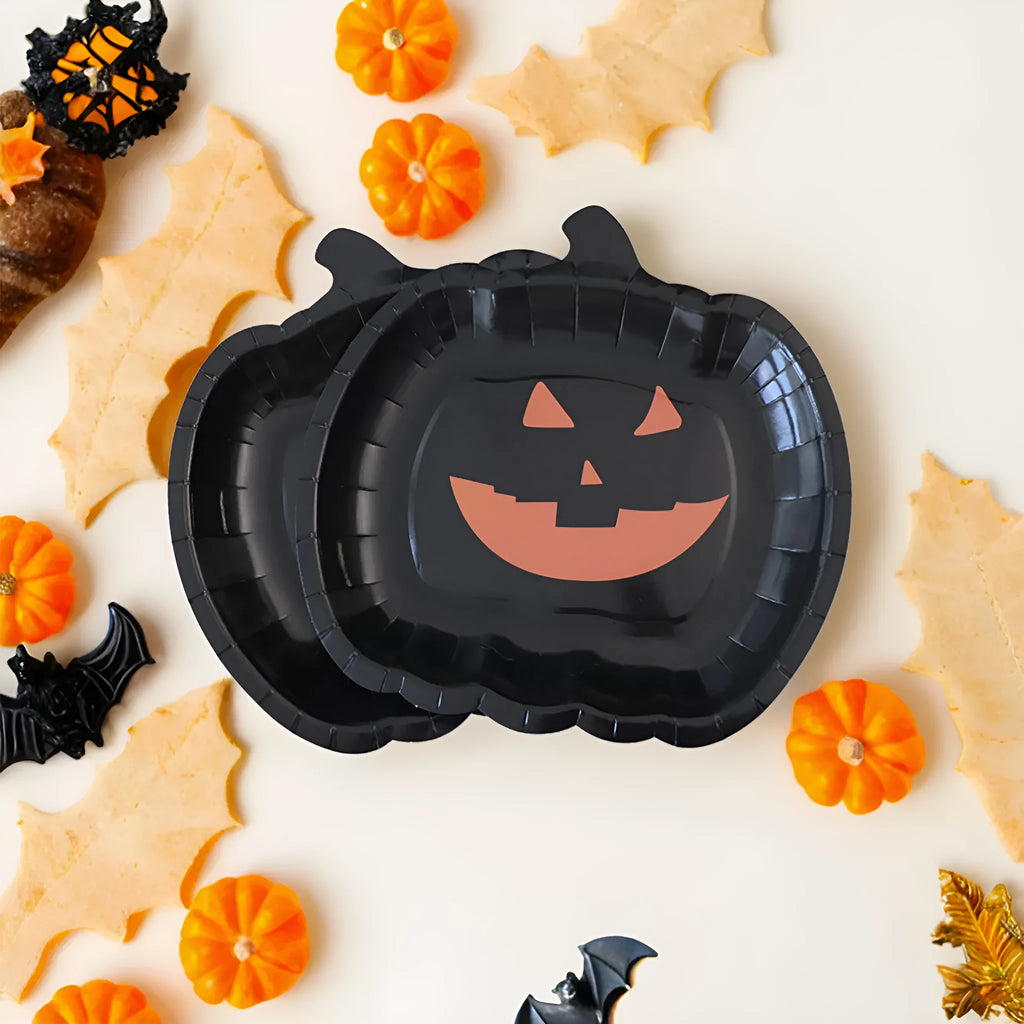 Black pumpkin design disposable paper plates in 9-inch size for Halloween parties