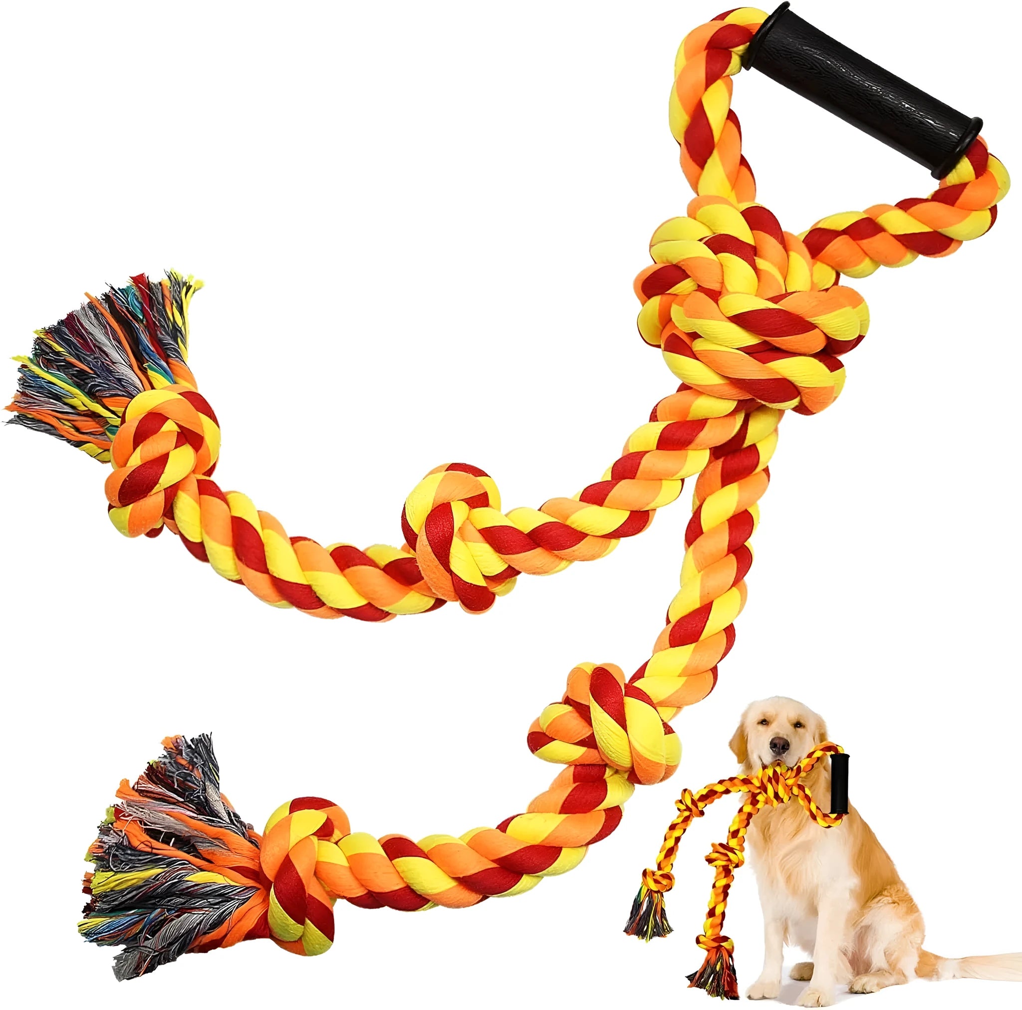 Blue and yellow cotton rope dog tug toy with a handle for large breed aggressive chewers