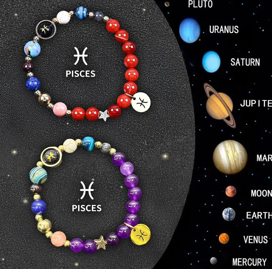 Natural stone zodiac sign bracelet set showing two adjustable bracelets with twelve zodiac designs