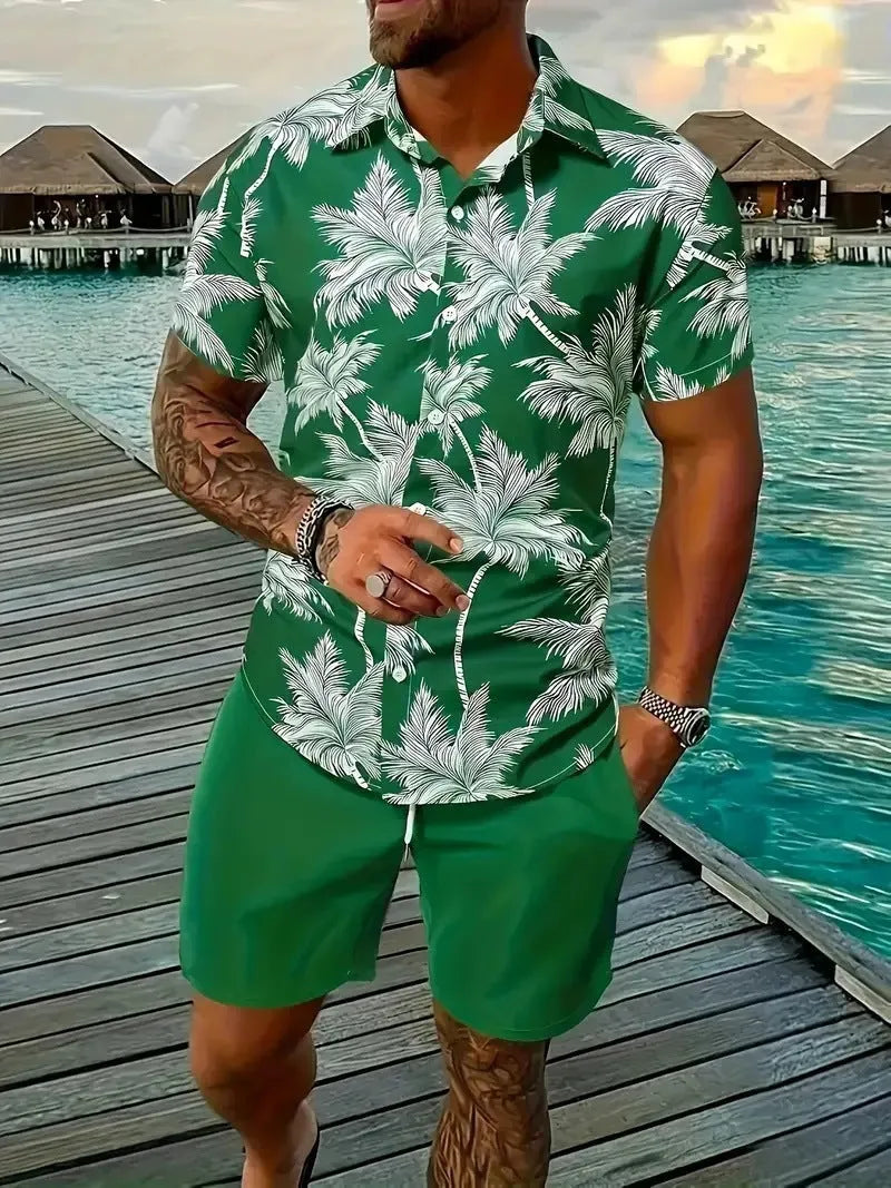 Men's Hawaiian 3D printed short sleeve suit with matching trousers in various colours