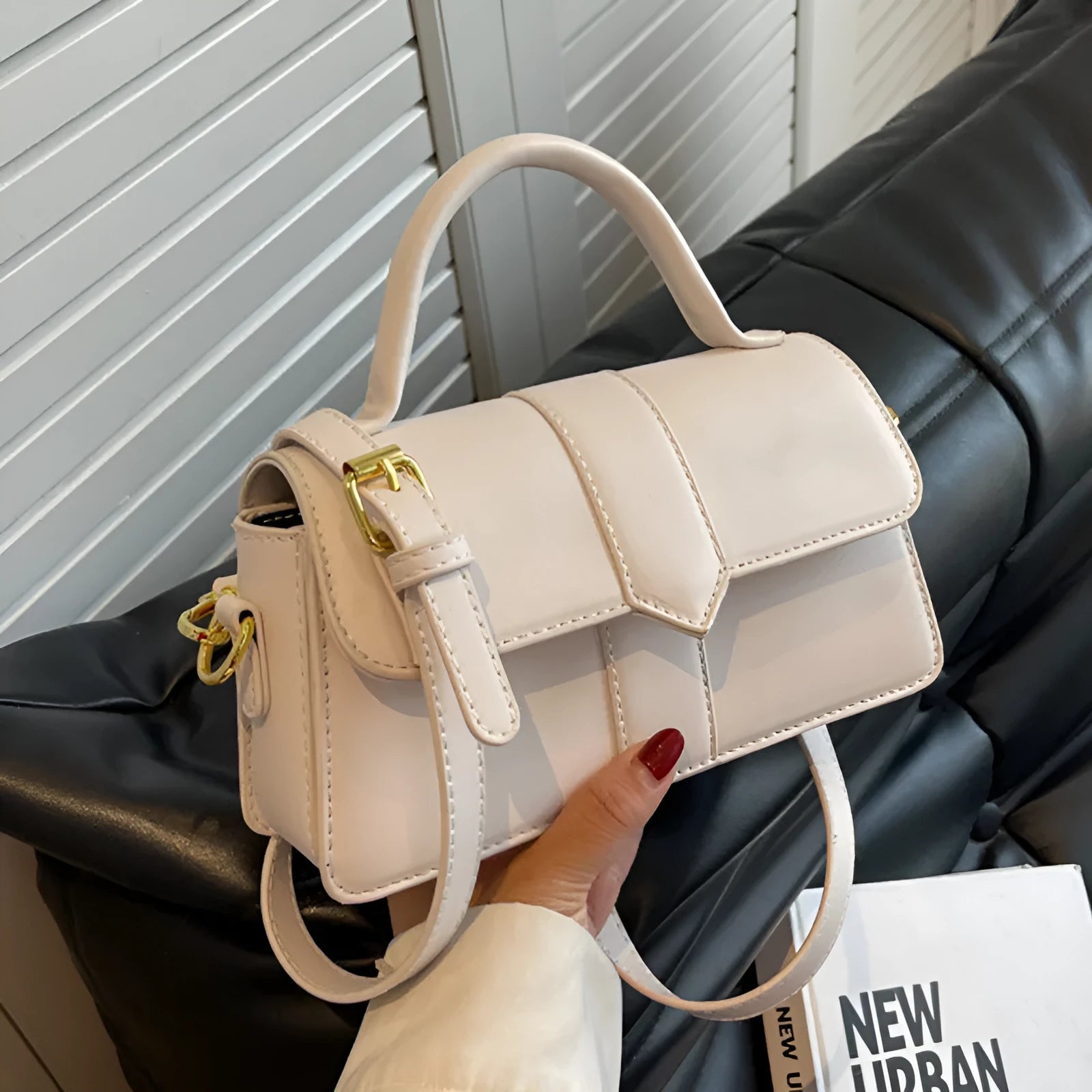 Women's PU leather messenger bag in horizontal square shape with file organisation and sandwich pocket