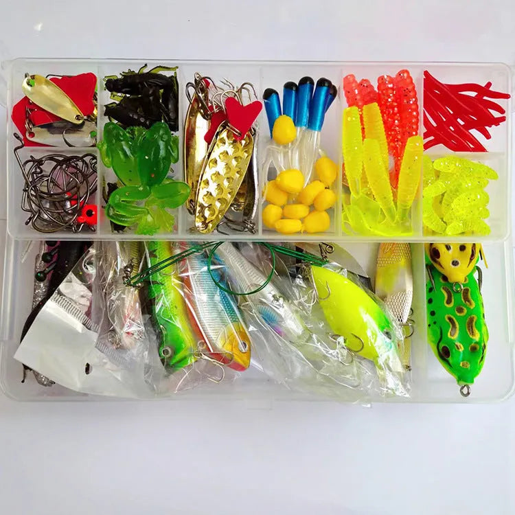 142-piece fishing lure set with metal and plastic baits, sequins, hooks, and fishing pliers in various colours