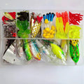 142-piece fishing lure set with metal and plastic baits, sequins, hooks, and fishing pliers in various colours