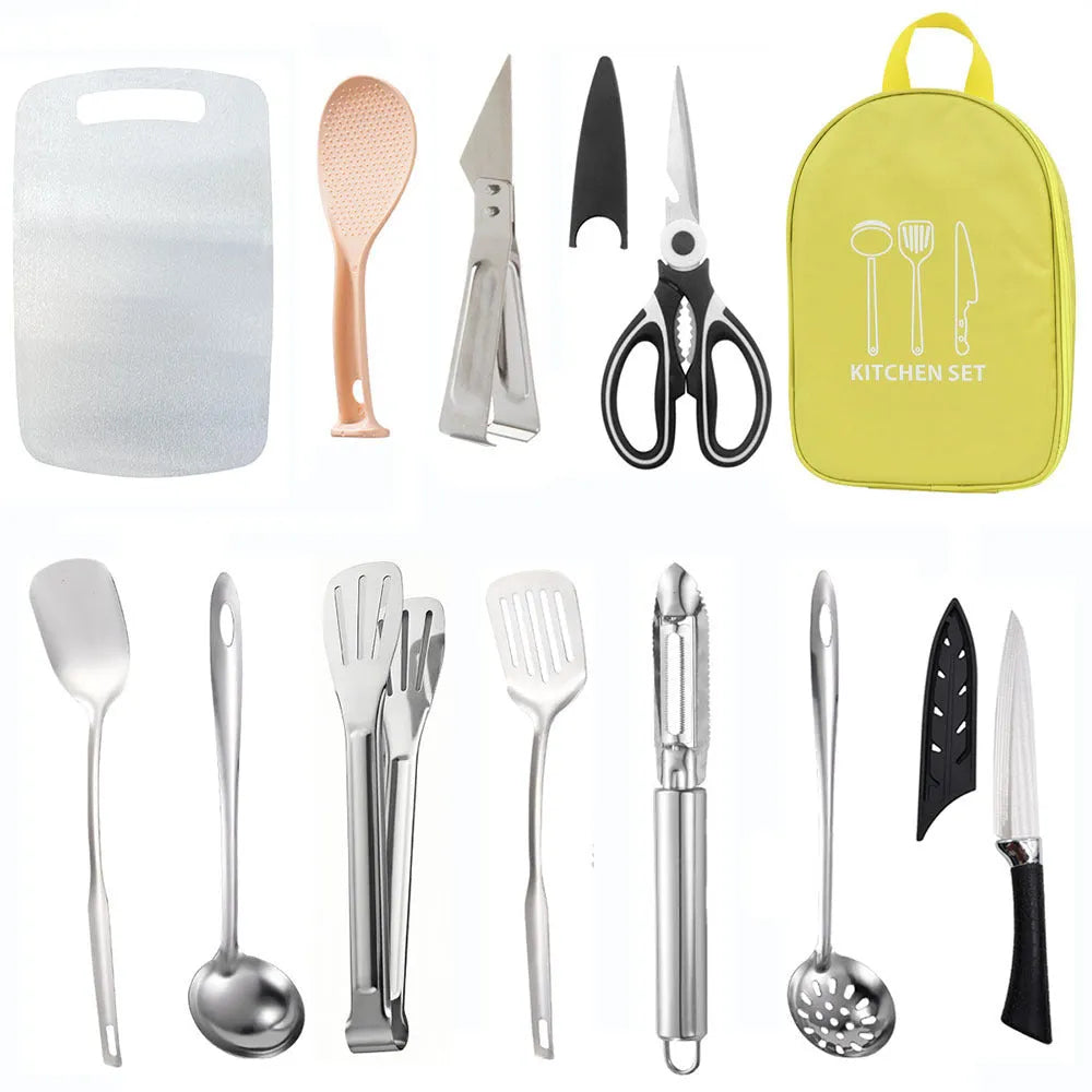 Portable picnic kitchenware storage bag containing 12-piece stainless steel cutlery set