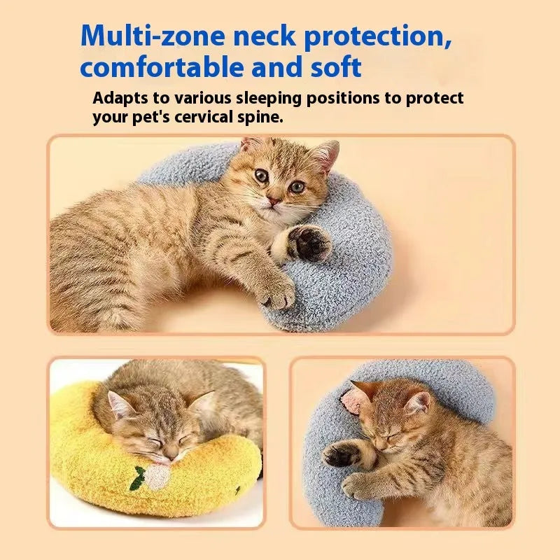 U-shaped cat neck protection pillow in moon and question mark styles with blue, white, and yellow colour options