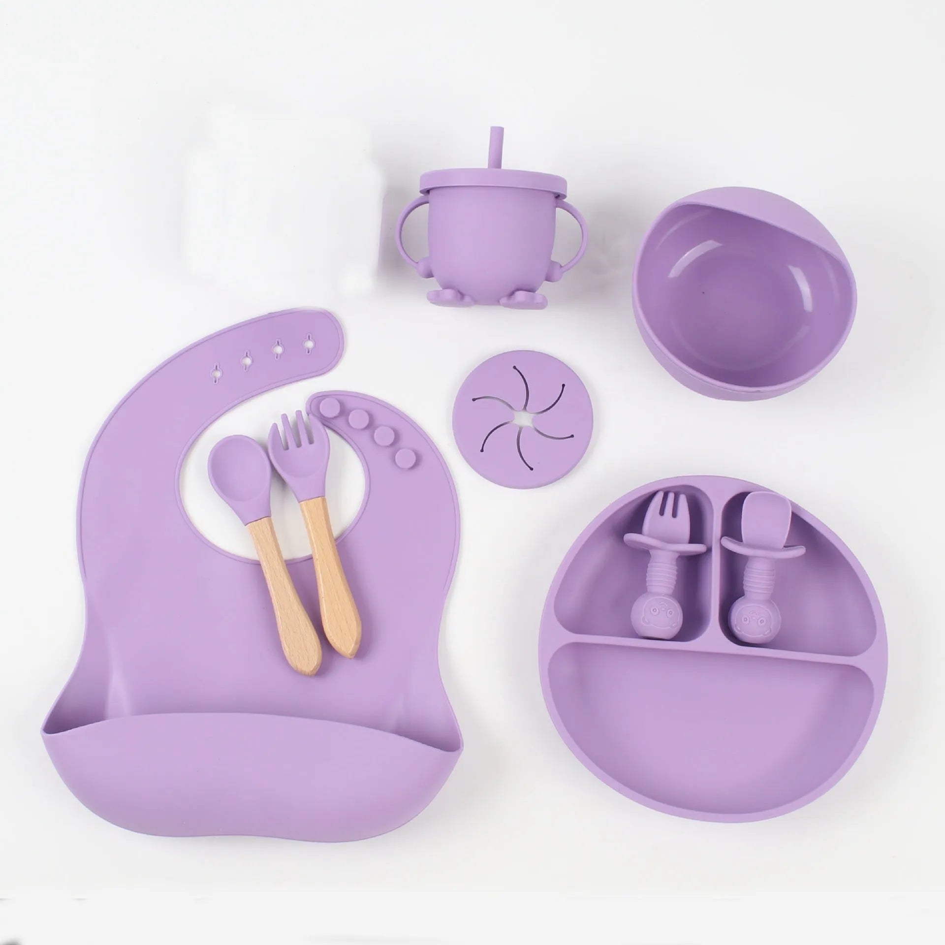 Silicone baby food snack catcher bib tableware set in nine colours including dark pink, light blue, army green, beige, and purple