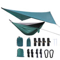 Portable camping hammock with nylon rope surface and integrated mosquito net, with a large polyester plaid diamond canopy in army green colour