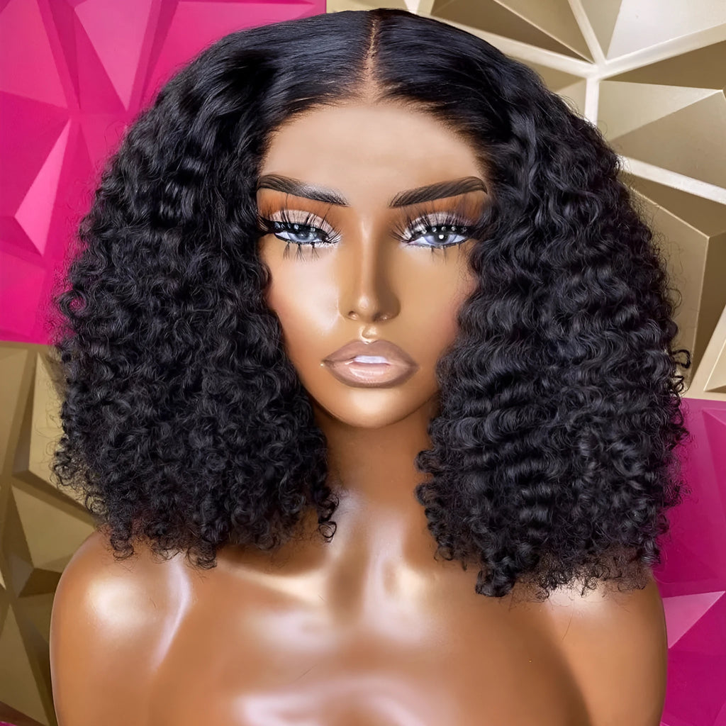 Short bob jerry curly 100% unprocessed human hair wig with transparent Swiss lace and bleached knots, 12 inch length
