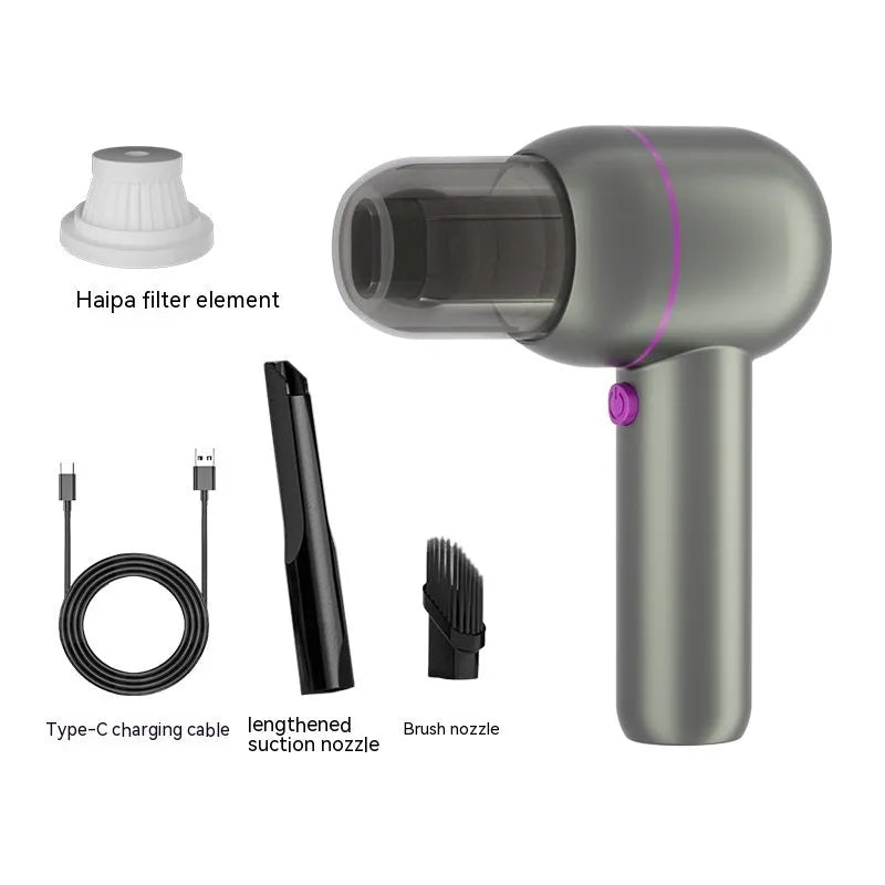 Grey handheld portable car cleaner with rechargeable battery, dust bin, and suction nozzles