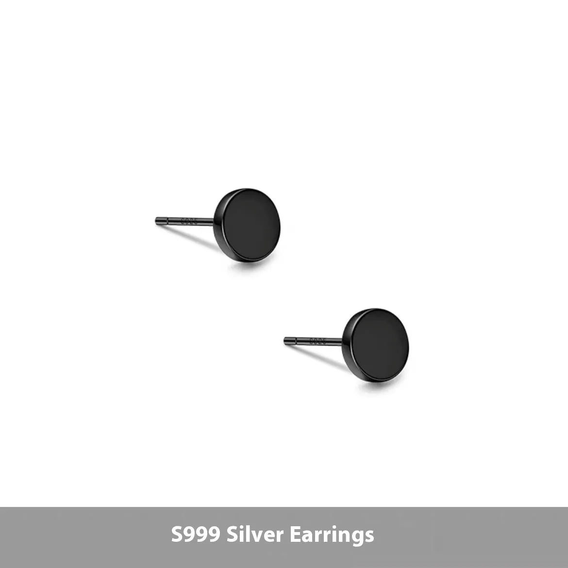 A pair of simple geometric round S999 Sterling Silver flat bone stud earrings in silver and black, showing size variation.