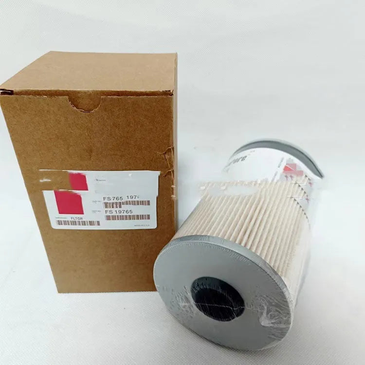 FS19764 diesel fuel filter with white housing and specifications for generator use.