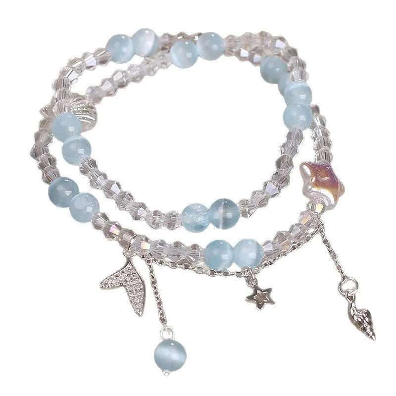 Double circle aquamarine bracelet for women, light blue gemstone in metal setting