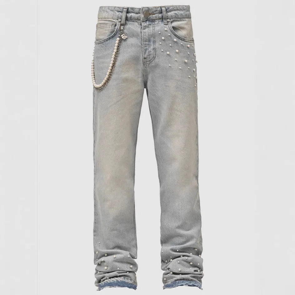 Men's street fashion elastic diamond denim straight-leg pants in light blue and black, cotton, sizes S to XL