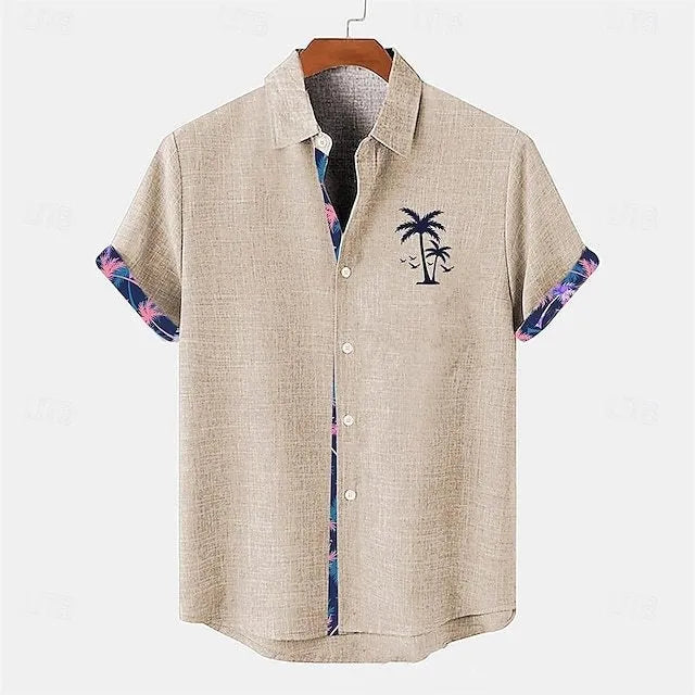 Linen short sleeve shirt with ocean fish pattern lapel detail in loose casual fit