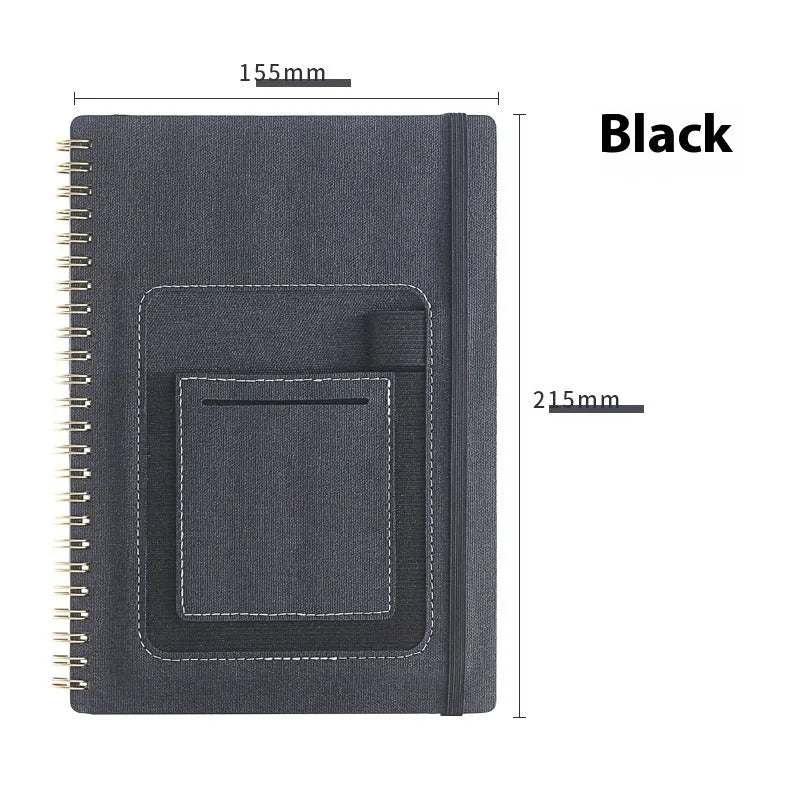 Reusable erasable coil notebook with stone paper, shown with a pen and available in multiple cover colour options.