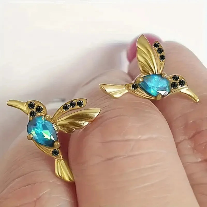 Women's long drop bird earrings with mixed zirconium wings in blue, red, and red lvzuan colour options