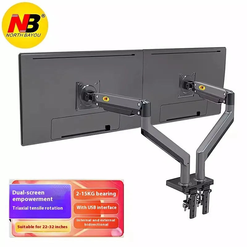 Dual computer monitor desk mount bracket in aluminium alloy with mechanical lifting arms