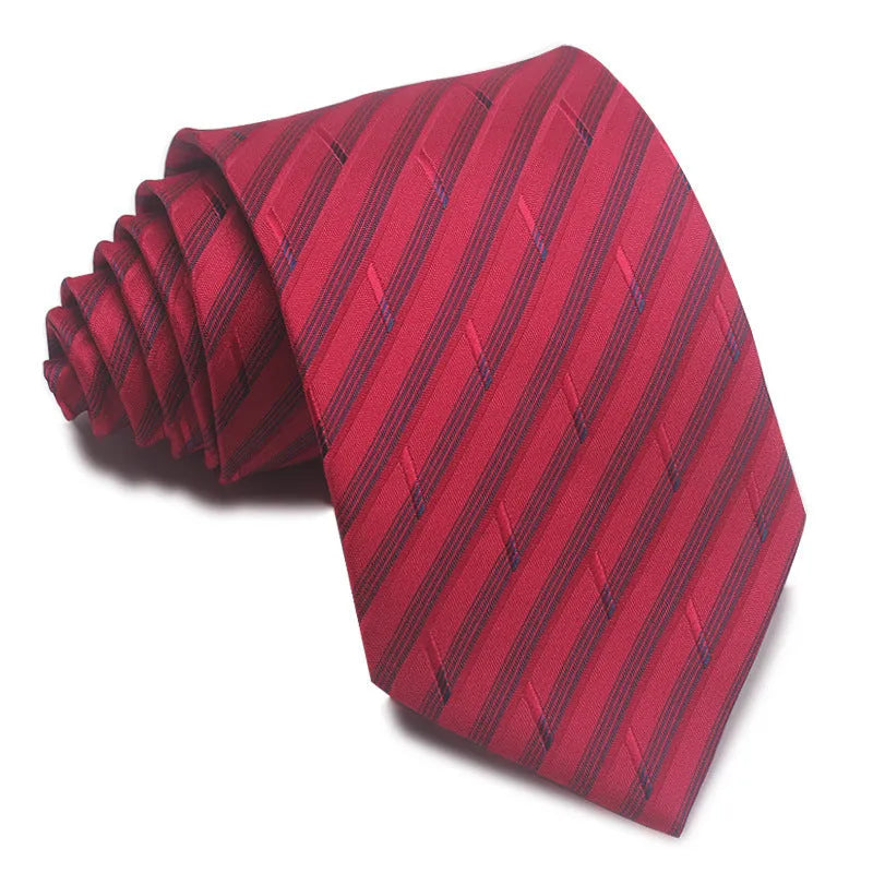 Man's red, black, and blue striped jacquard business tie with an 8cm width.