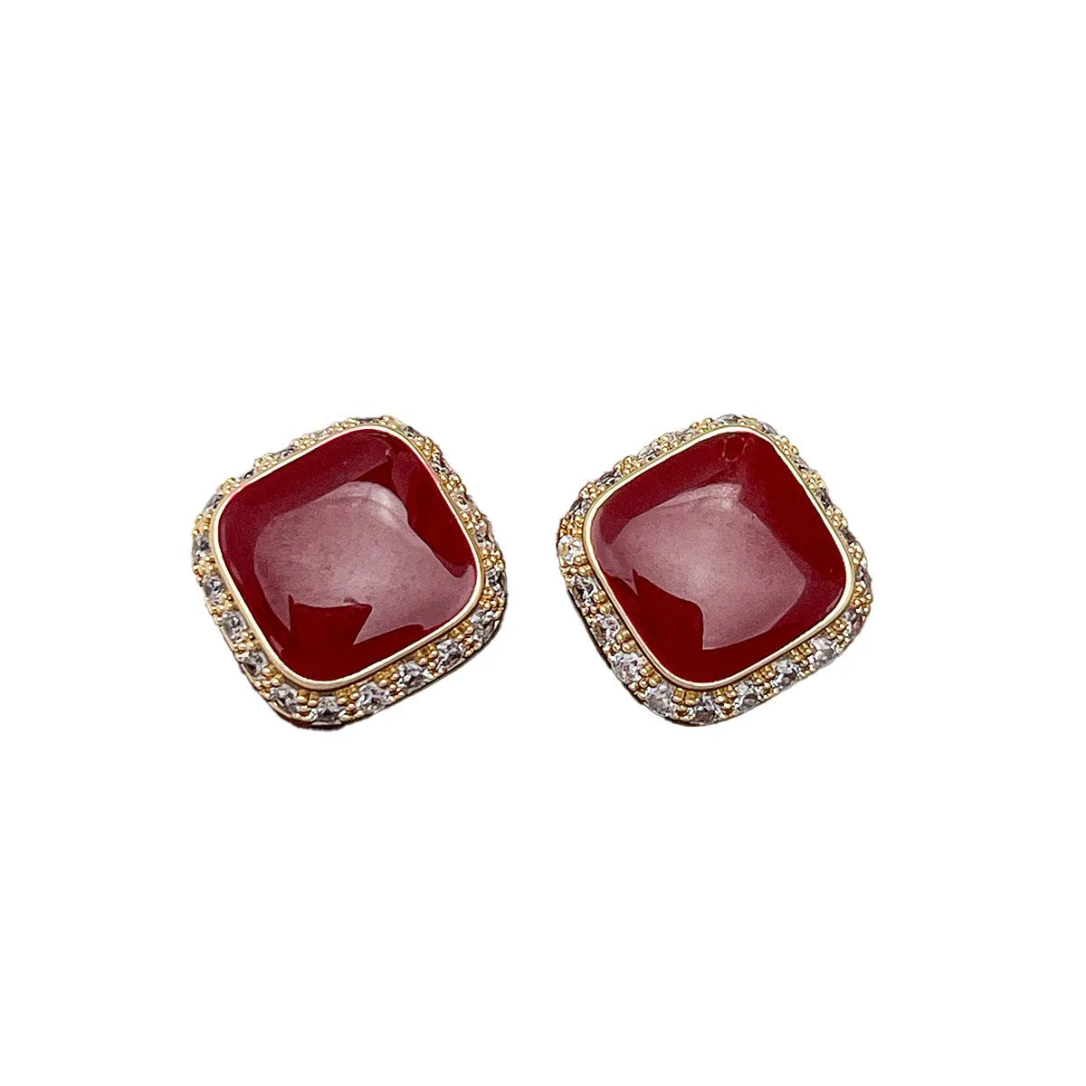 Red geometric square plate earrings with retro style and inlaid detailing