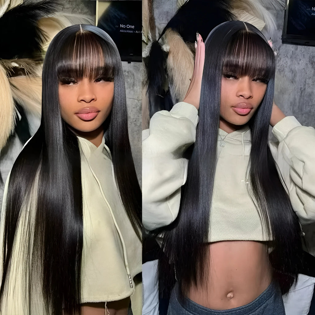 Women's natural colour human hair wig with full-mechanism headgear, shown in long length.