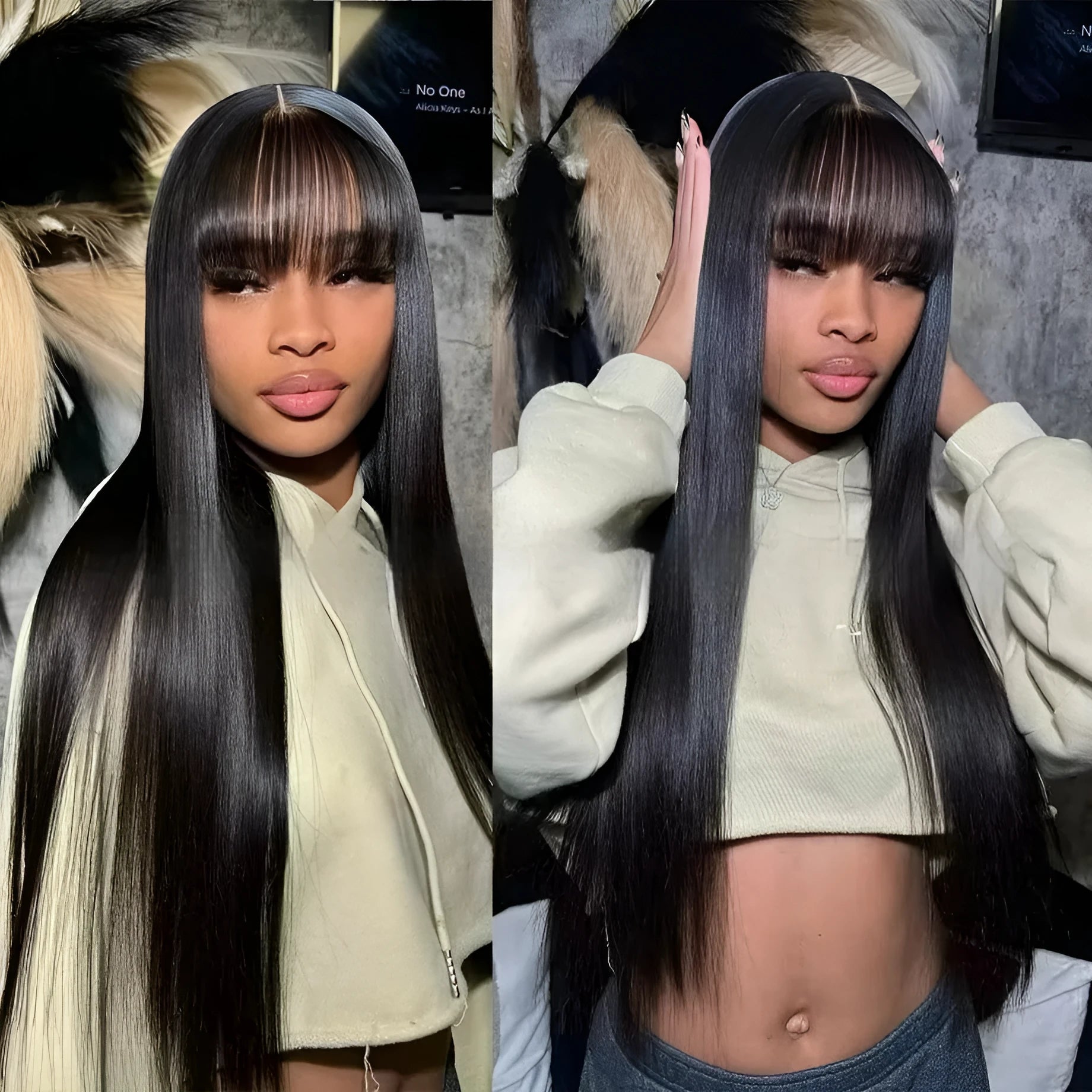 Women's natural colour human hair wig with full-mechanism headgear, shown in long length.