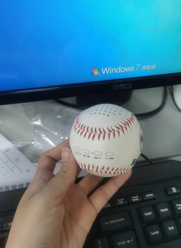Baseball home Bluetooth speaker in white with 3W output, 600mAh battery, and USB interface