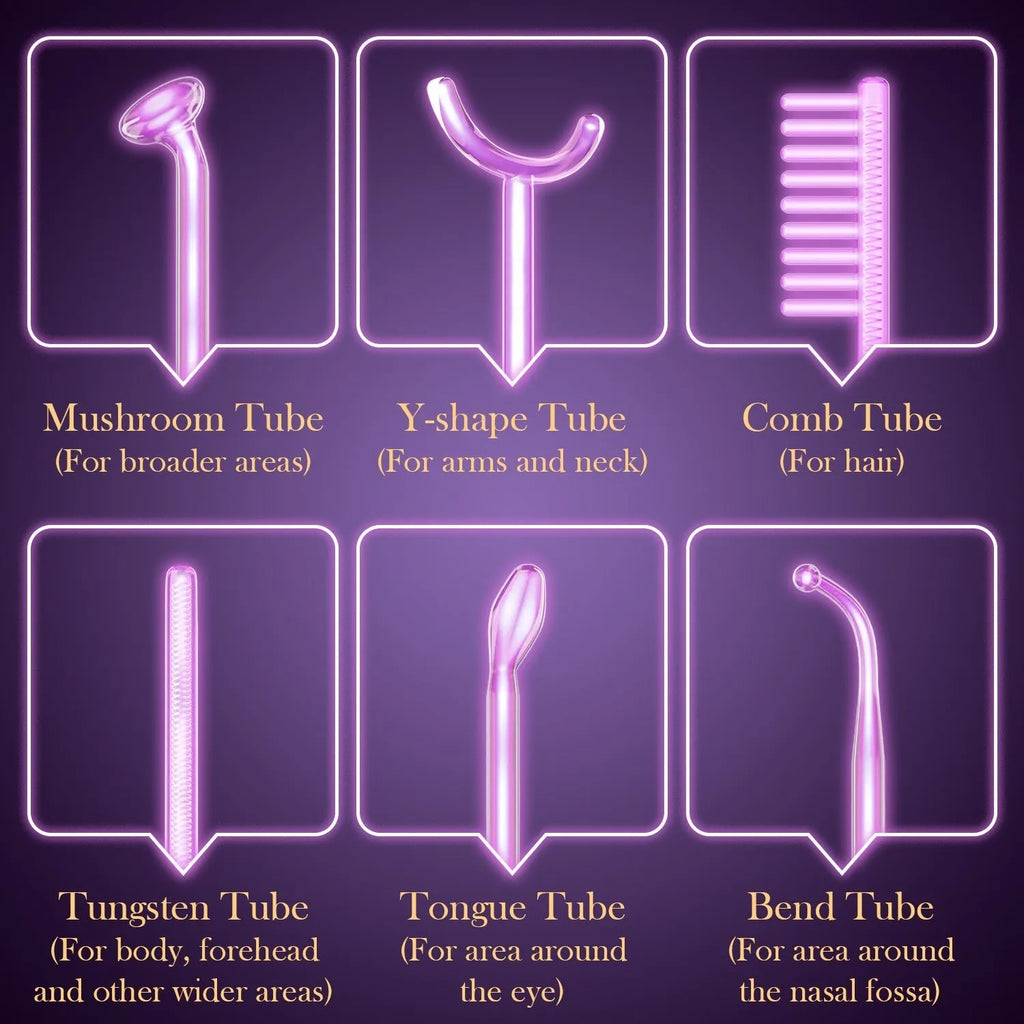 Purple light high-frequency beauty electrotherapy rod appliance with six accessory heads for facial treatment