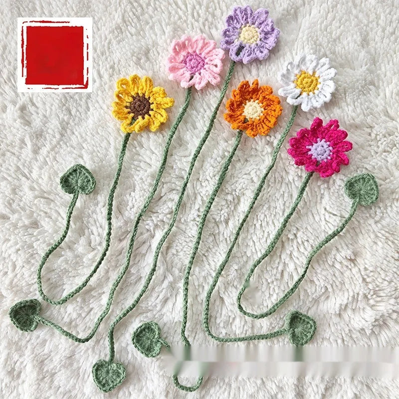 Hand-crocheted wool bookmark with daisy design on flexible wire in multiple colour options