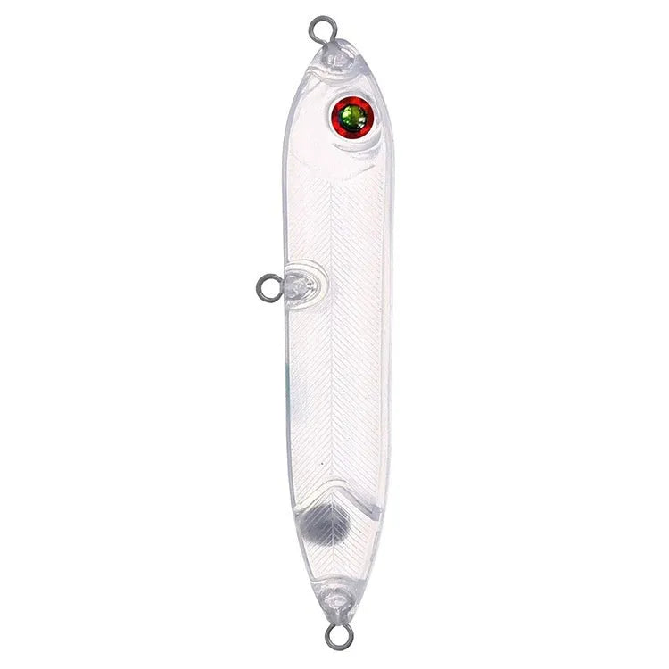 Transparent 9.5cm long ABS plastic blank lure body with a 7mm eye hole for DIY fishing bait creation.