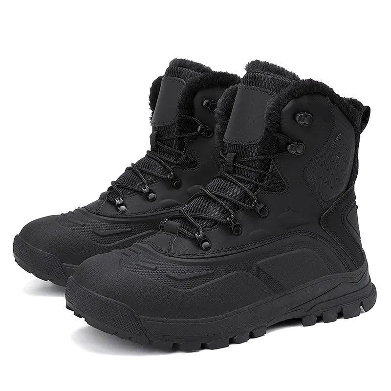 Men's black fleece-lined high-top lace-up boots with a tall upper and ribbed sole.